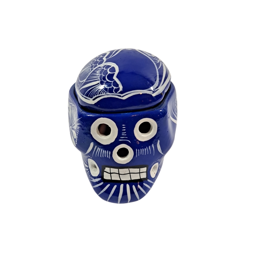 Ceramic Handcrafted Day Of The Dead Trinket Skill Blue White Made In Mexico